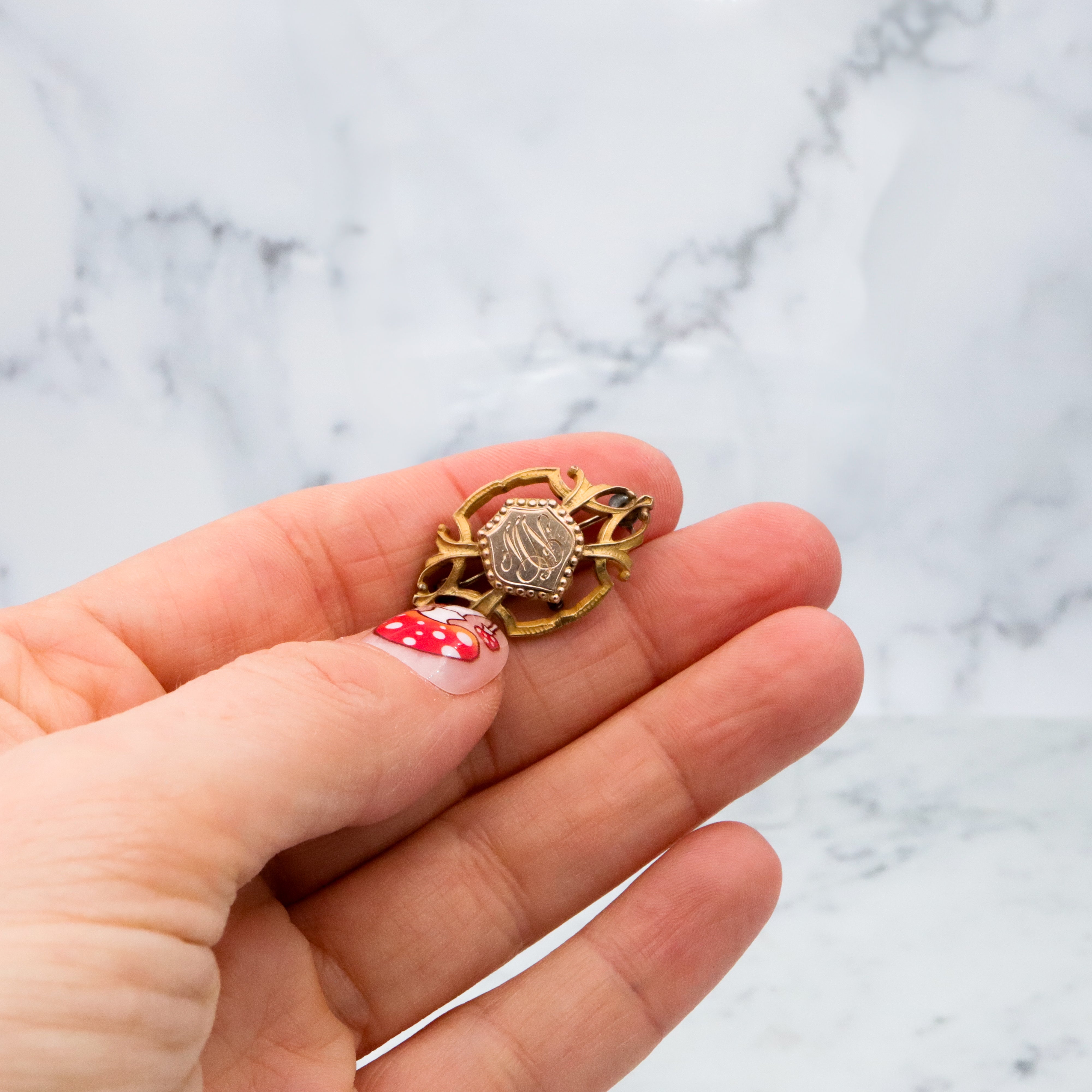 Antique Art Deco gilt metal & gold filled watch clip brooch with "MN" mono shield